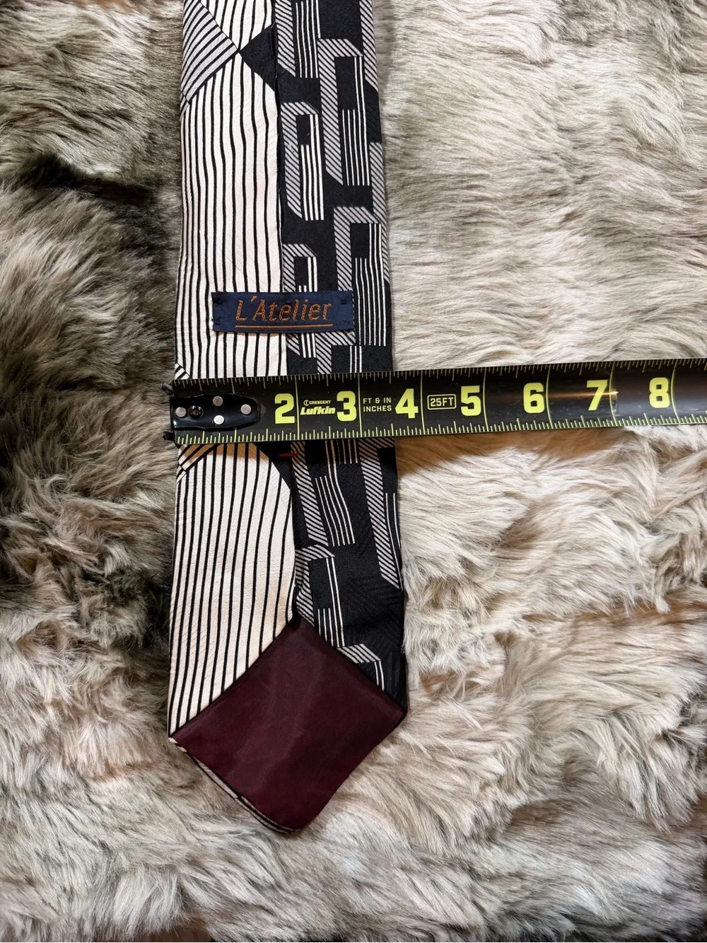 Vintage L’Atelier Men’s Silk Black and Ivory Striped Tie - Art Deco
